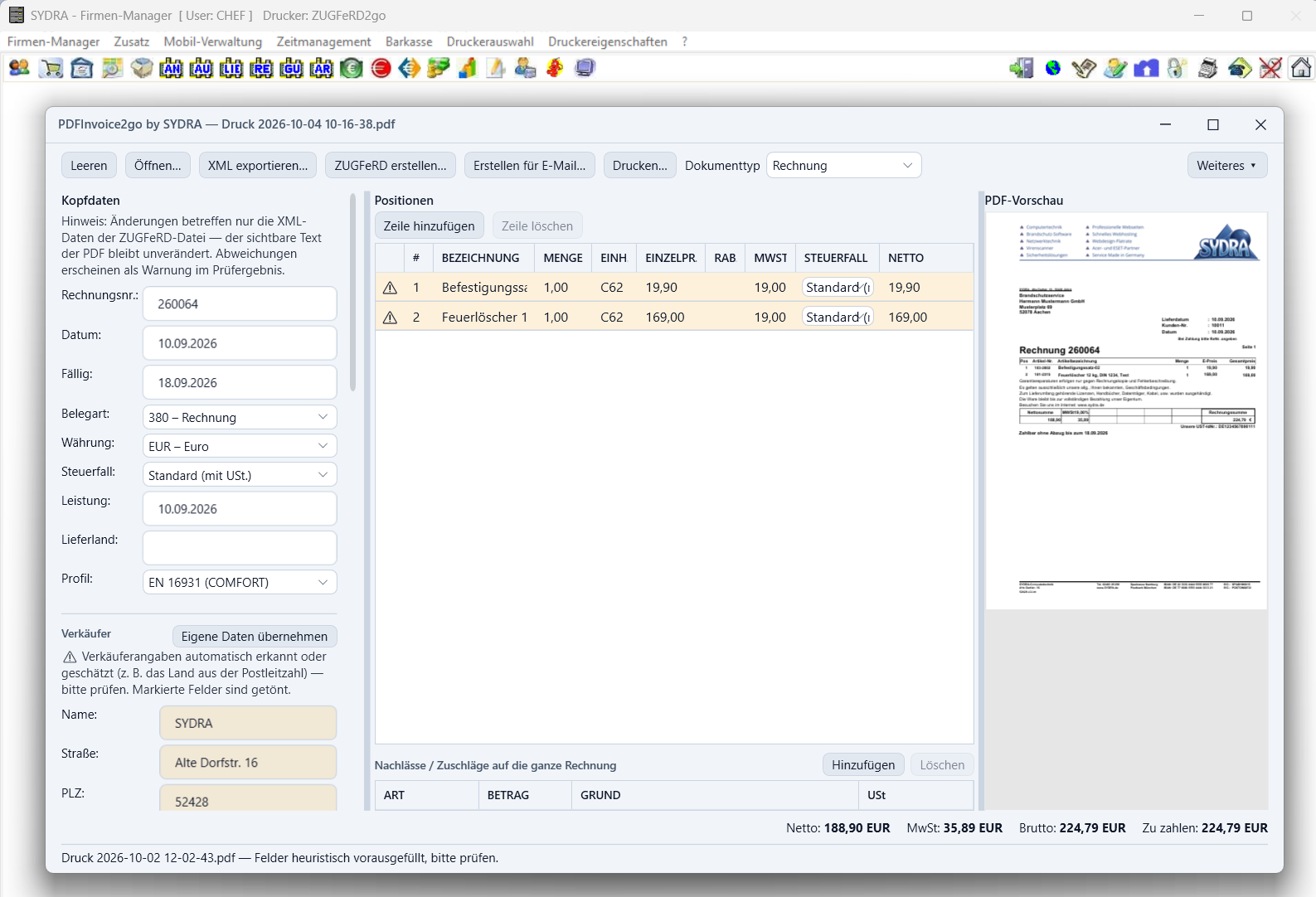 Der SYDRA-Firmen-Manager im Hintergrund; davor PDFInvoice2go mit der soeben gedruckten Rechnung 260064, Kopfdaten, Positionen und PDF-Vorschau.