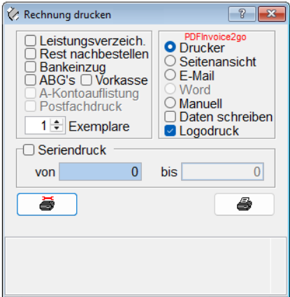 Der Druckdialog „Rechnung drucken“ im SYDRA-Firmen-Manager, in dem „PDFInvoice2go“ als Drucker ausgewählt ist.